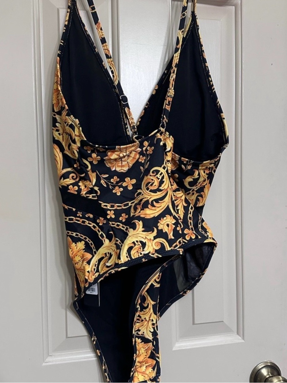 Fashion Nova Black and Gold Baroque One-Piece Swimsuit - Picture 7 of 7